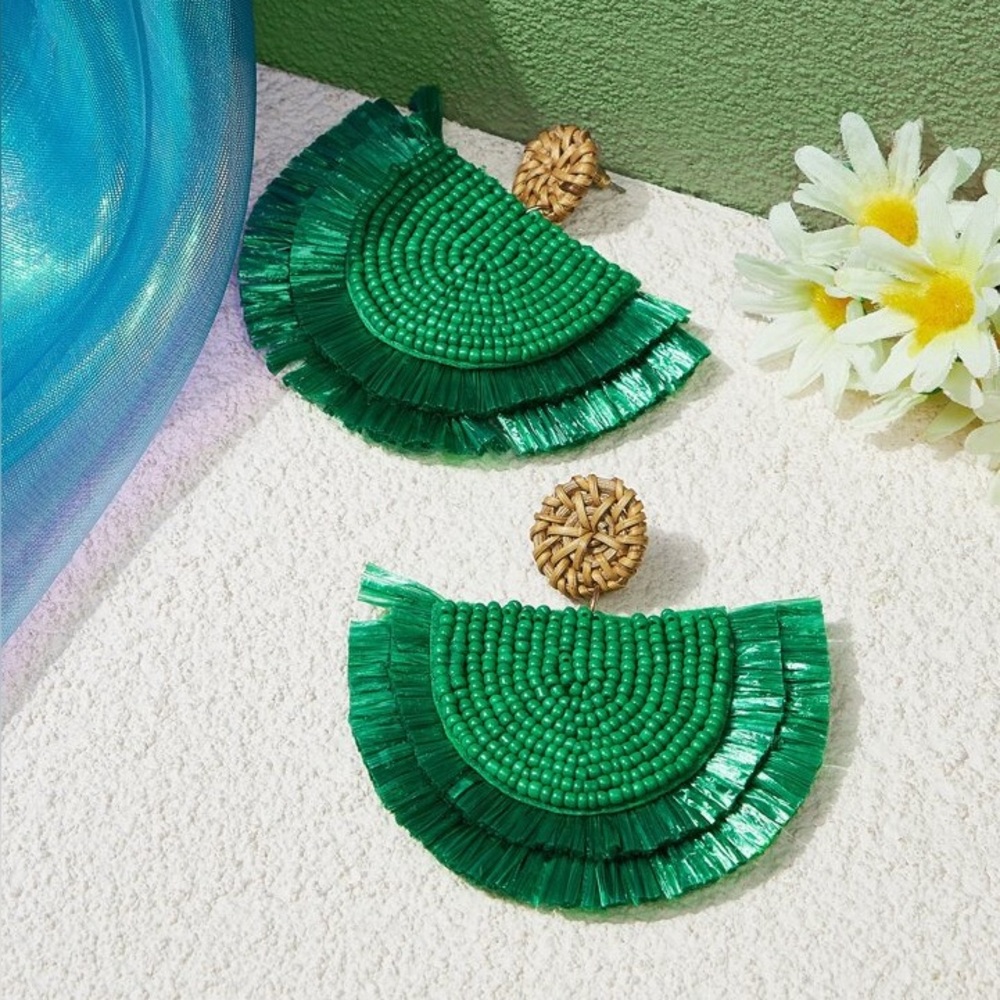 Emerald Beaded Raffia Statement Earrings - Picture 5 of 5